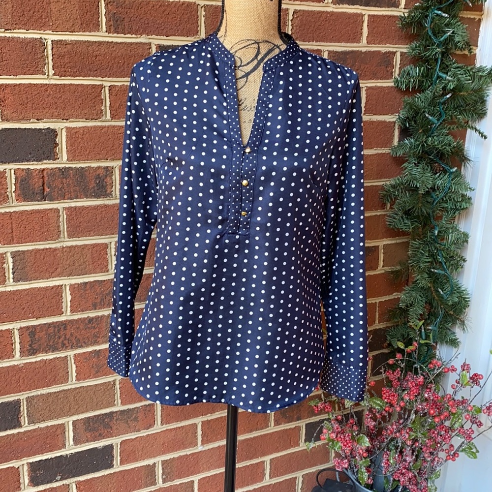 Navy blue and white polkadot blouse